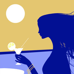 Wall Mural - Woman with a cocktail in her hand against the backdrop of sunset. Relax on the white terrace by the sea. Minimalistic and flat color drawing. Vector illustration