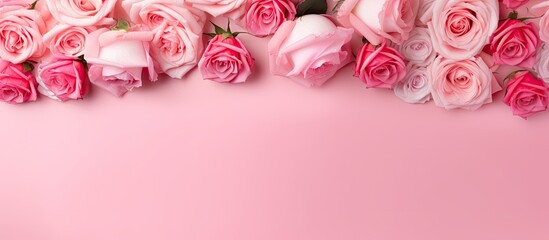 Wall Mural - Top view of a pink background with a copy space image of an empty frame surrounded by beautiful roses Perfect for adding text