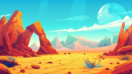 Wall Mural - An Arizona desert landscape with golden sand dunes, stones and blue skies. A dry deserted nature with cracked yellow sand surface and arch rocks, Cartoon modern illustration.