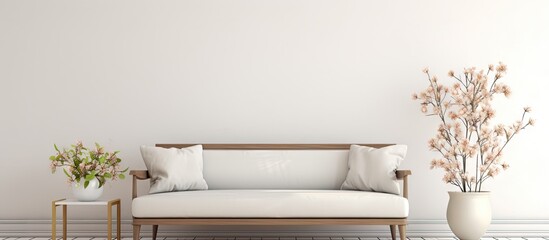 Aufkleber - Real photo of flowers on a wooden table and a grey settee in a white living room interior with copy space