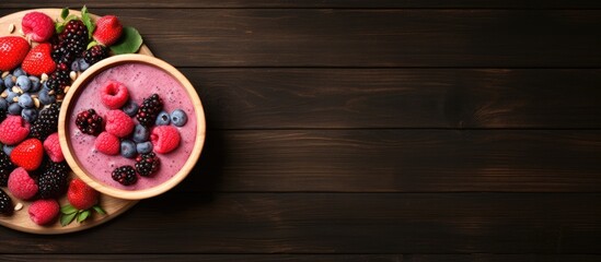 Poster - A top down view of a wooden table showcasing a bowl filled with raspberry smoothie and an assortment of berries leaving space to add text or images. with copy space image