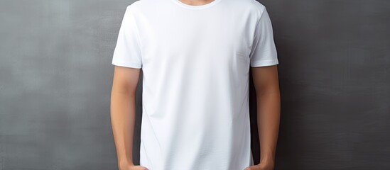 Aufkleber - A young man stands with his hands in his pockets wearing a white t shirt that provides copy space for your logo or text He is isolated against a gray background