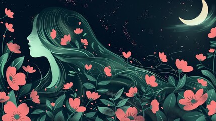 Romantic and dreamy illustration design art with night sky, moonlight, flowing long hair girl, and green flowers scattered and blooming.