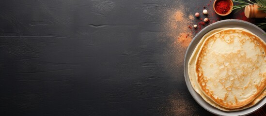 Poster - A top view of a frying pan with a stack of pancakes and a variety of ingredients presenting a copy space image to highlight the cooking concept