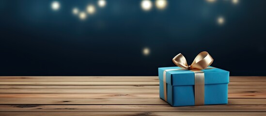 Poster - On an empty wooden table there is a small blue gift box with ample copy space image available
