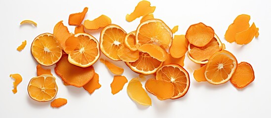 Poster - The image shows a detailed view of discarded orange peels The orange peel is isolated on a white background and there are green spots on the skin The copy space is available at the top left right cen