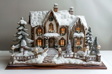 Sticker - Handcrafted winter gingerbread house with snowy decoration and festive holiday lights