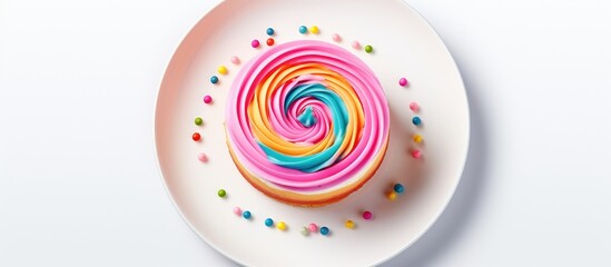 Aufkleber - A top down view of a dessert cake presented on a colorful plate with ample space around it for copying The image is isolated on a white background