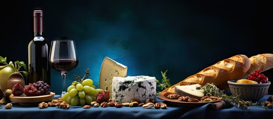 Poster - Traditional Mediterranean snacks with blue cheese red wine baguette walnuts and thyme on a copy space image