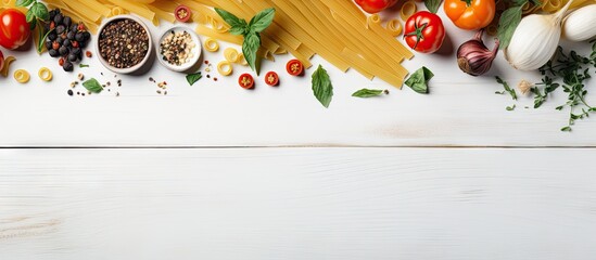 Poster - A copy space image of raw pasta combined with Mediterranean herbs spices and fresh vegetables arranged on a white wooden table