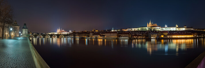 Wall Mural - Prague Stylized Night View: Illuminated Charles Bridge and Prague Castle