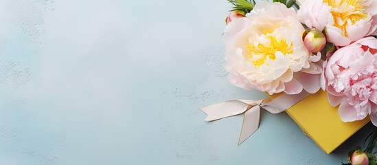 Aufkleber - Shabby blue background with a yellow gift box peonies and a blank note Plenty of space for text. with copy space image. Place for adding text or design