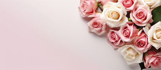 Poster - Top view of a light background with a bouquet of pink and white roses representing occasions like Mother s Day Valentine s Day and birthdays Ideal for greeting cards with ample copy space for text