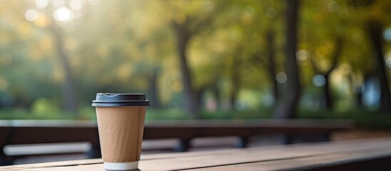 Poster - A takeaway coffee sits on a wooden bench outside with a paper cup capturing the essence of the scene The image is perfect for showcasing a copy space