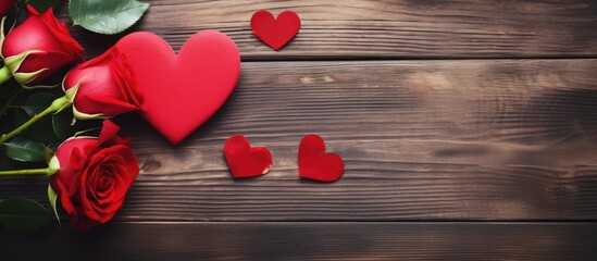 Poster - Top view composition of a red rose and heart on a table specifically arranged for Valentine s Day The image emphasizes the holiday concept with a flat lay design and ample copy space
