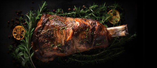 Aufkleber - Top view of an oven baked lamb leg with a dark background providing ample copy space for additional elements