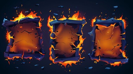 Poster - Burn craft paper borders, brown burnt holes on charred uneven edges, damaged parchment sheets in flame with ashes animation collection, realistic frames 3D modern set
