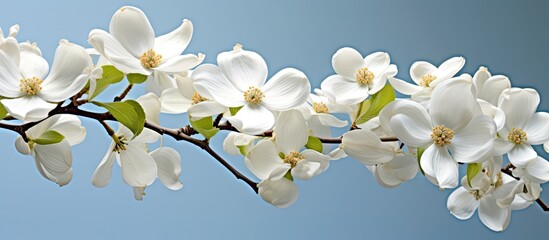 Leinwandbilder - A sunny day in early springtime reveals a copy space image of a flowering dogwood branch adorned with large white flowers