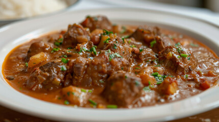 Wall Mural - Savory african beef stew presented in a ceramic bowl, topped with vibrant chives, embodying the flavors of african cooking