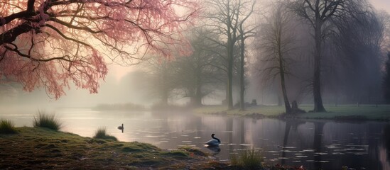 Aufkleber - A serene park in the morning mist captured in an enchanting landscape photograph The image offers ample copy space