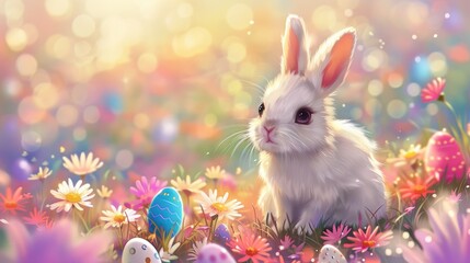 Wall Mural - White bunny in field of flowers and easter eggs