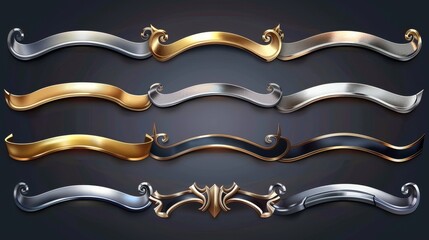 Poster - ui medieval borders in gold or steel metal, silver and gold vintage game frames. cartoon collection 