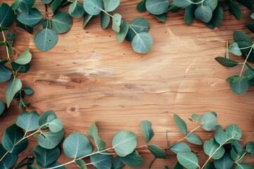 Wall Mural -  eucalyptus leaves on wooden desk table