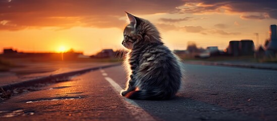 Poster - Stray kitten looking at a beautiful sunset Happy and cute the kitten sits on the road gazing at the colorful sky. with copy space image. Place for adding text or design