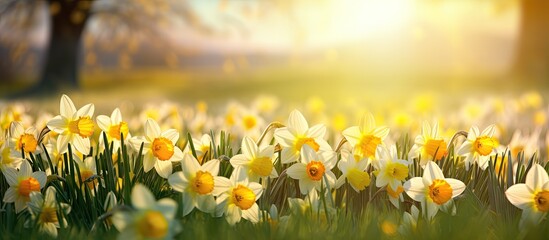 Poster - In springtime a picturesque meadow is adorned with vibrant daffodil flowers creating a captivating copy space image