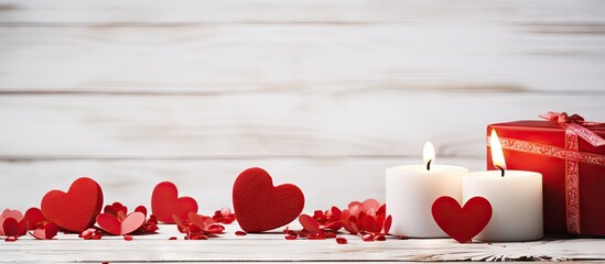 Aufkleber - Valentine s Day concept displayed with red hearts gifts and candles on a wooden white background Copy space image
