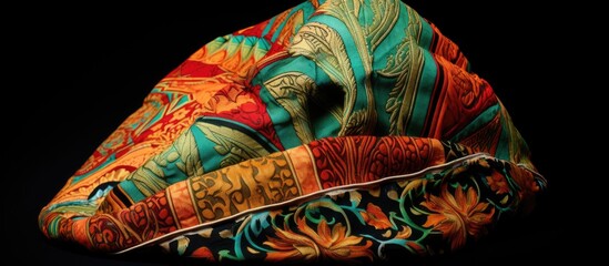 Poster - A vibrant Blangkon a batik fabric headpiece traditionally worn by men in Java adding a touch of color and culture to their ensemble. with copy space image. Place for adding text or design