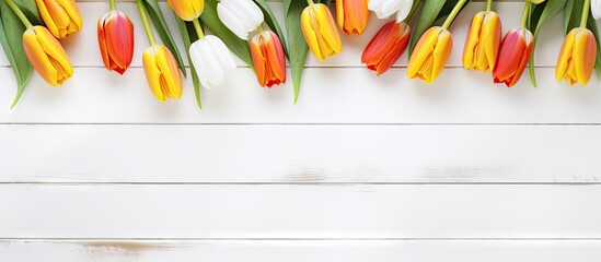 Aufkleber - Top view copy space image of fresh spring tulips flowers on a white wooden background perfect for congratulations and greeting cards