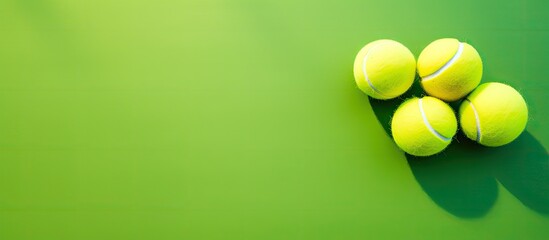 Poster - A vibrant spring scene captures a yellow tennis ball and racket on a green tennis court background offering ample copy space Symbolic of a healthy and active lifestyle this flat lay illustrates the co