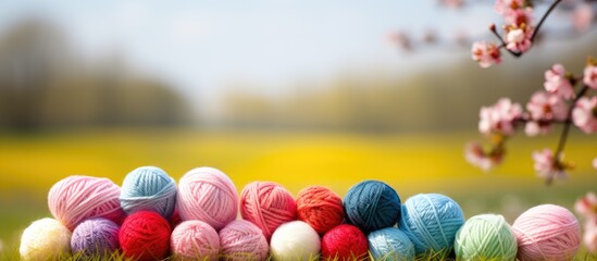 Poster - Image of a springtime scene featuring knitting materials including needles and colorful balls of wool. with copy space image. Place for adding text or design