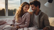© AS Photo Family - Couple Smiling and Enjoying a Cozy Moment Together on a Bed Dressed in Winter Clothes