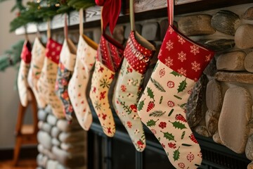 Wall Mural - Colorful christmas stockings adorned with seasonal patterns hang from a cozy fireplace mantel