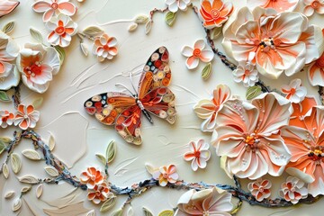 Wall Mural - close up of a beautiful painting with flowers and a butterfly, perfect for home decor