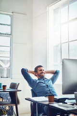 Leinwandbilder - Smile, break and happy man at office desk for stretching, productivity or done with project. Relax, computer and employee with arms behind head for satisfied, achievement or deadline complete