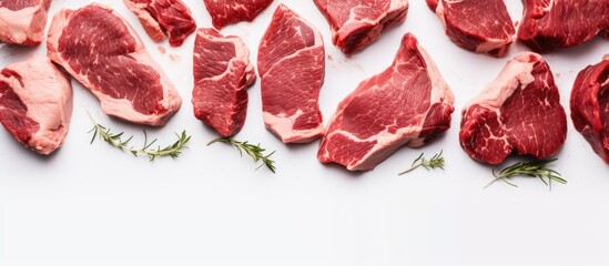 A top view image featuring raw organic beef or lamb meat placed on a white table providing ample copy space