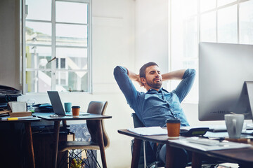 Aufkleber - Break, relax and business man at office desk for stretching, productivity or done with project. Smile, computer and employee with arms behind head for satisfied, achievement or deadline complete