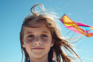 Wall Mural - A portrait of a young girl with windblown hair, flying a brightly colored kite against a clear blue sky