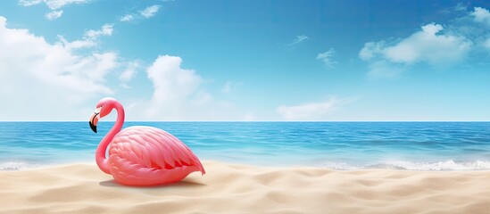 Aufkleber - A trendy summer concept featuring an inflatable flamingo on a sandy beach background The composition is arranged flat and there is ample copy space for text or graphics