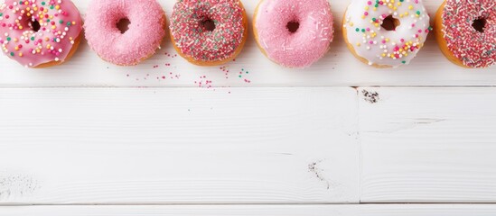 Poster - A top down view of sweet and colorful donuts topped with icing sugar and glazed sprinkles on a white wooden table providing ample space for text or other elements in the image