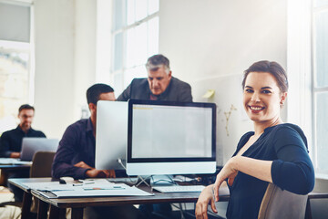 Aufkleber - Woman, portrait and happy in office with computer for research and product development for company with innovation. Business people, conversation and collaboration for problem solving and mockup.