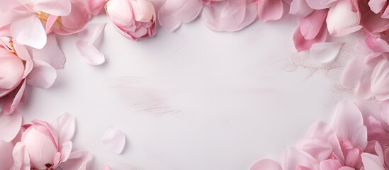 Poster - Top view of a greeting card or invitation mockup featuring peony petals on a concrete background with ample copy space for customization