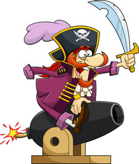 Wall Mural - Funny Pirate Cartoon Character Brandishing Sword Sitting On Cannon. Vector Hand Drawn Illustration Isolated On Transparent Background