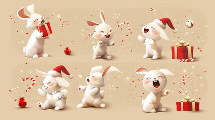 Wall Mural - An illustration of white rabbits throwing confetti, open and closed gift boxes, and wearing Santa Claus hats in a cartoon setting isolated on brown background. Holiday postcard.