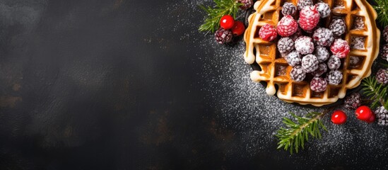 Poster - A top down view of a food background showcasing organic and healthy Belgian waffles served as a Christmas and New Year dessert option on a menu The image provides ample copy space for text