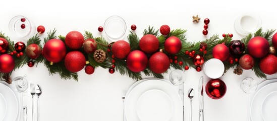Poster - A top view image of a Christmas table setting featuring festive red decorations on a clean white backdrop providing ample copy space