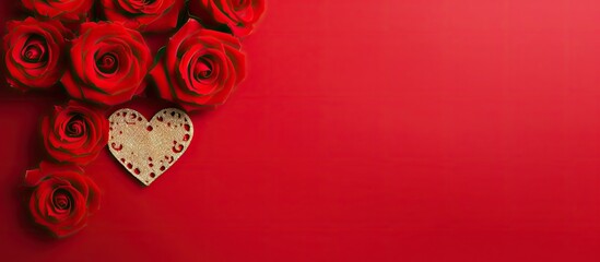 Poster - A red rose gift for Valentine s day featuring a copy space image of a beautifully decorated red rose flower surrounded by white wooden hearts on a flat lay set against a vibrant red background symbol
